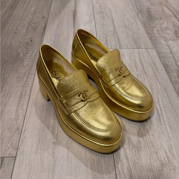 CHANEL Gold Flats Luxurious Metallic Loafers